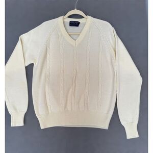 Vintage Mens XL Ivory Cable Knit Sweater Career Club Grandpa VNeck Tennis Preppy
